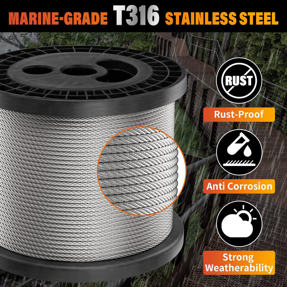 Stainless Steel 500FT 1/8" T316 Wire Rope Cable D782916