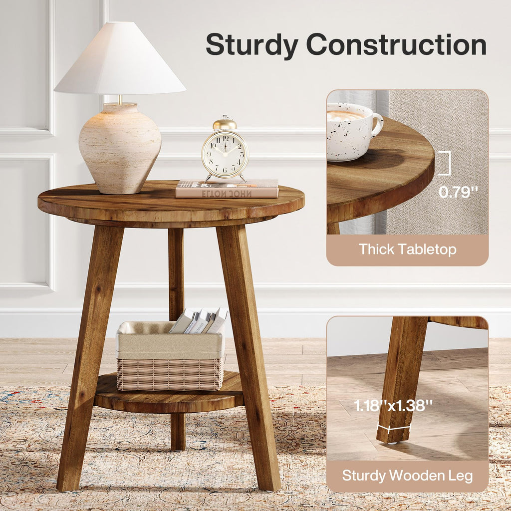 Solid Wood Round End Table with Storage Shelf A32356