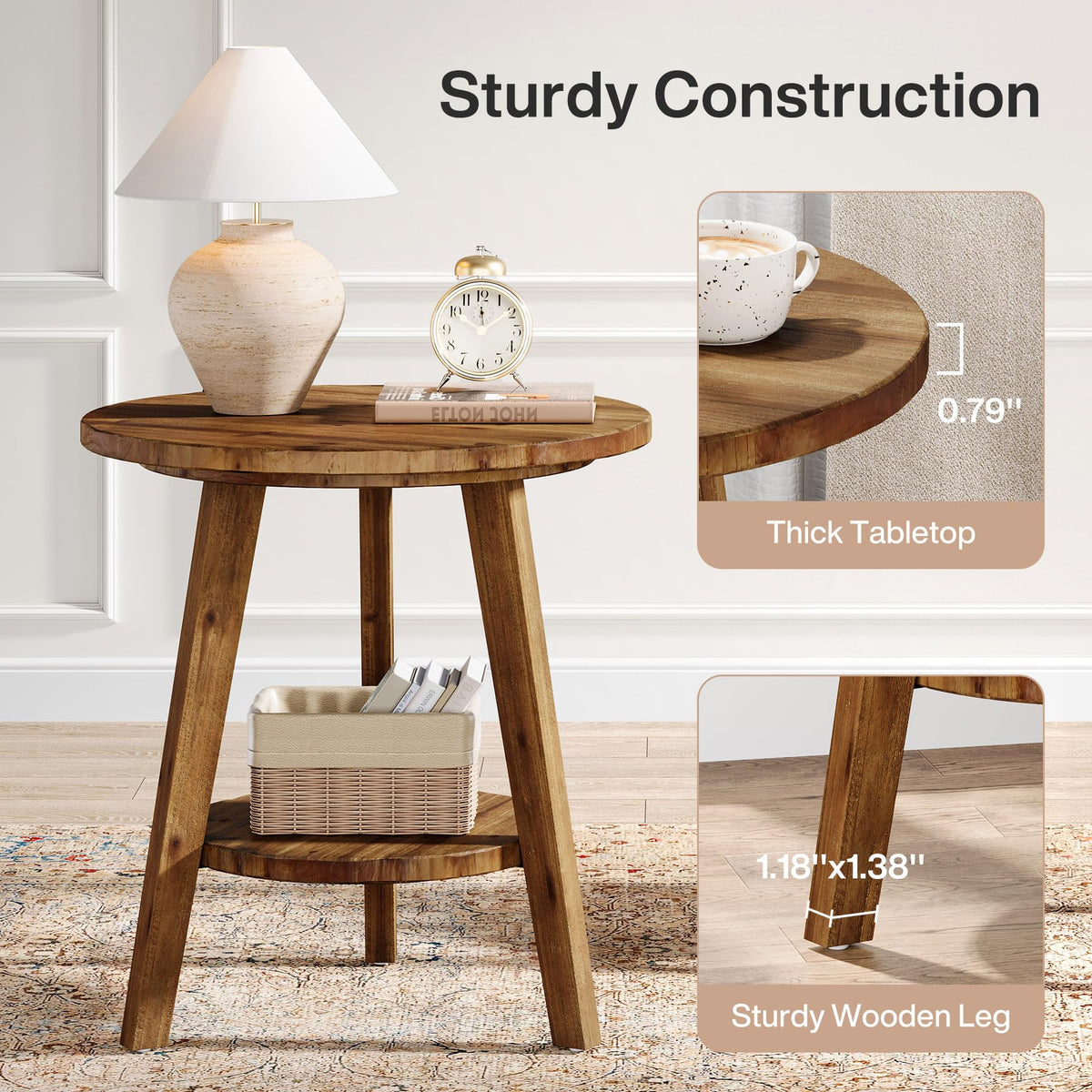 Solid Wood Round End Table with Storage Shelf A32356