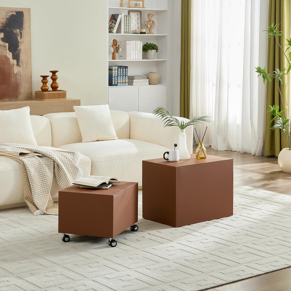 Brown Rolling Leather Coffee Table Set of 2 E41759