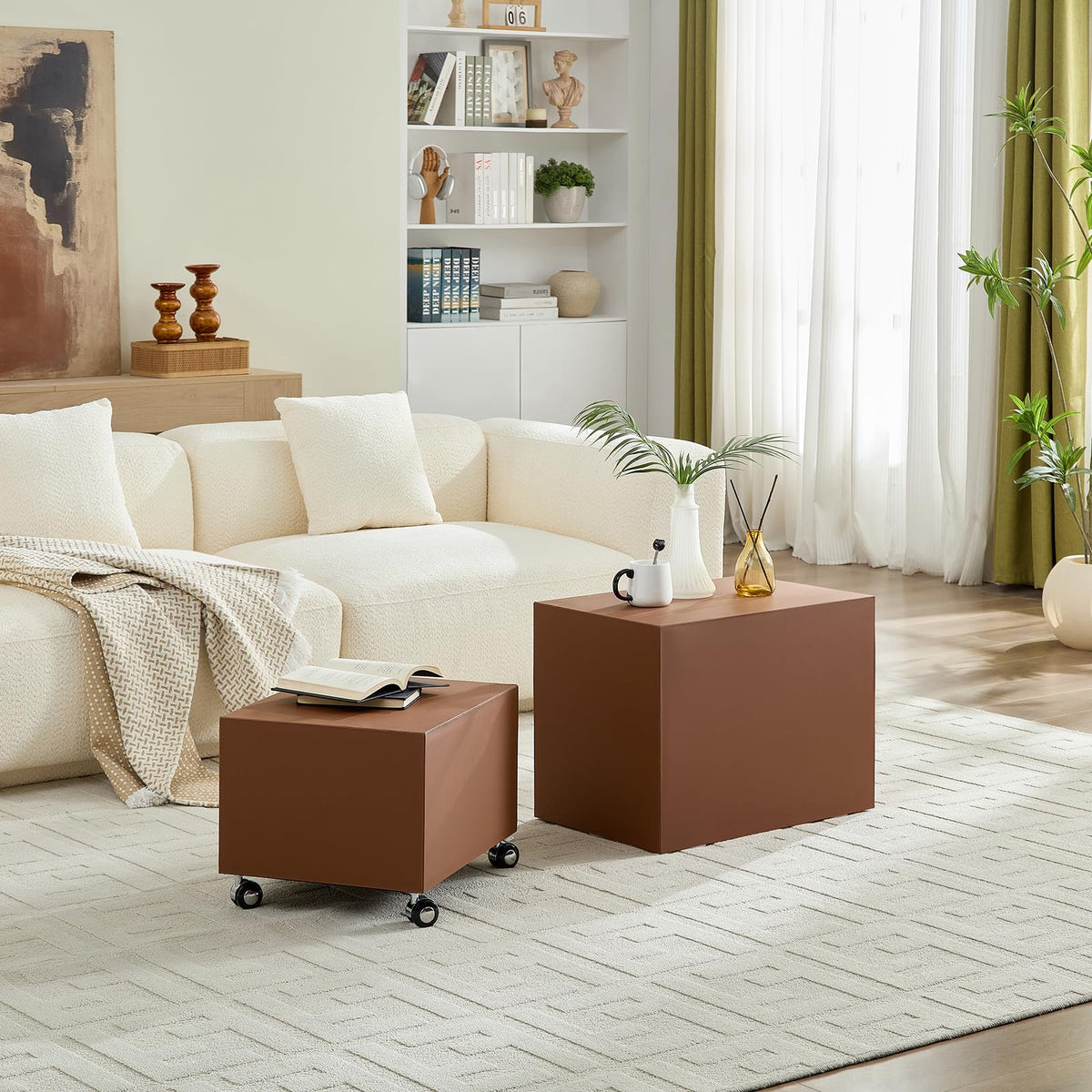 Brown Rolling Leather Coffee Table Set of 2 E41759