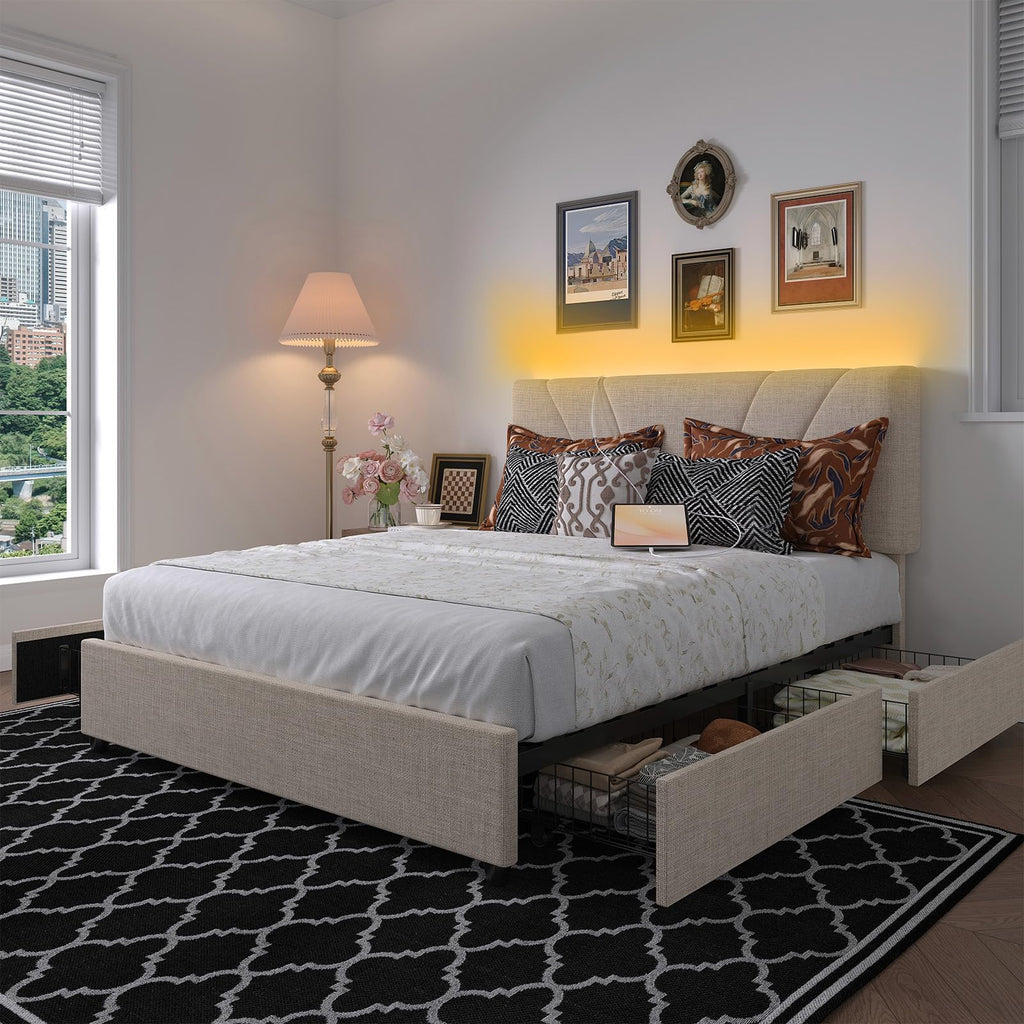 Beige Queen Bed Frame with Drawers C796799