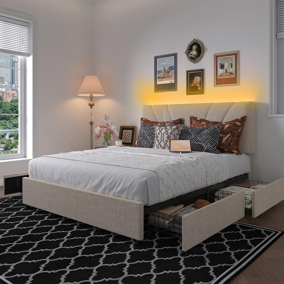 Beige Queen Bed Frame with Drawers C796799