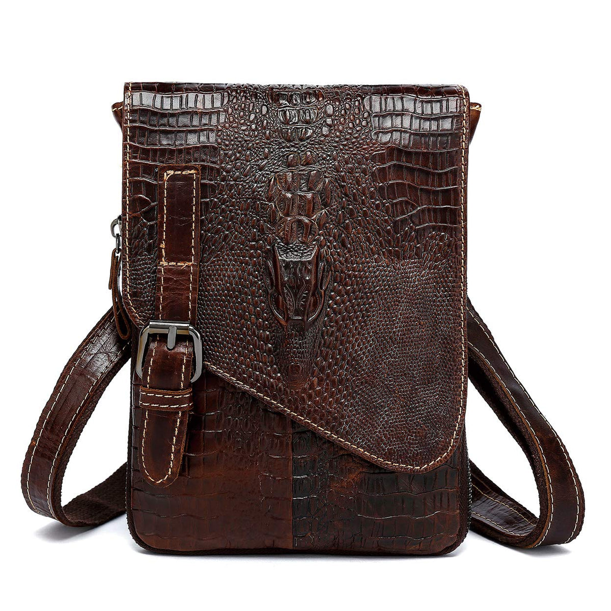 Brown Crocodile Embossed Genuine Leather Mini Messenger Bag R614