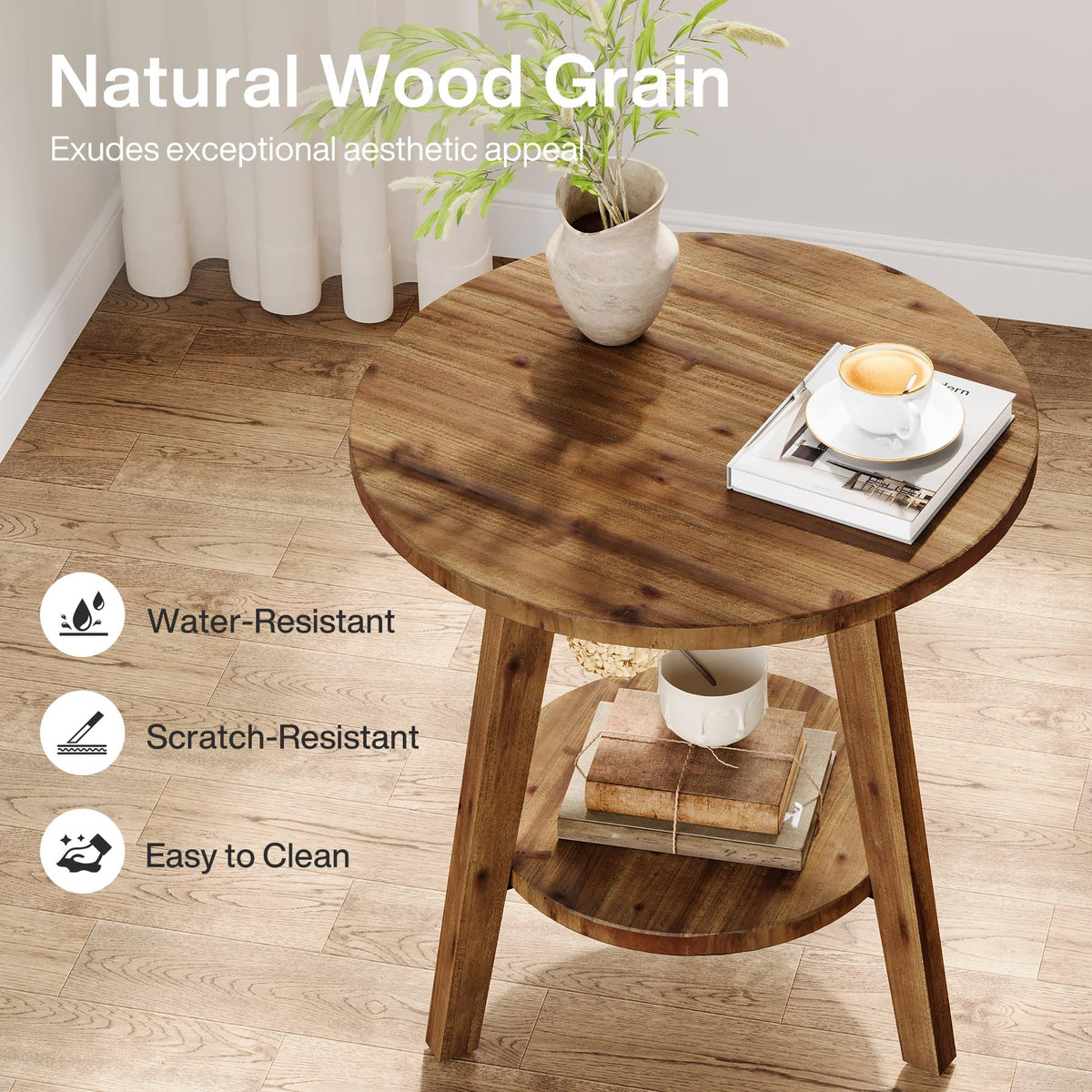 Solid Wood Round End Table with Storage Shelf A32356