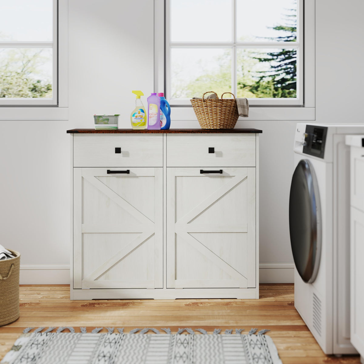 20 Gallon Double Tilt Out Laundry Hamper Cabinet with Drawers I53463