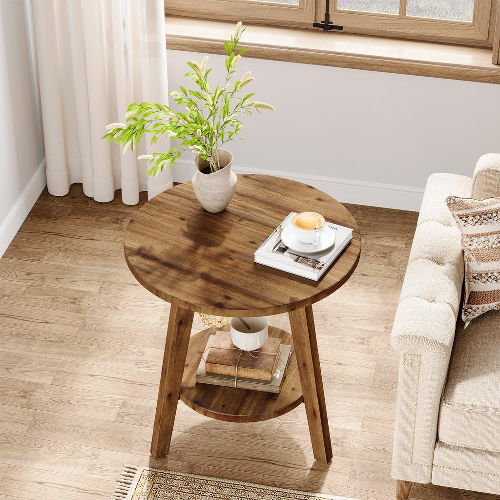 Solid Wood Round End Table with Storage Shelf A32356