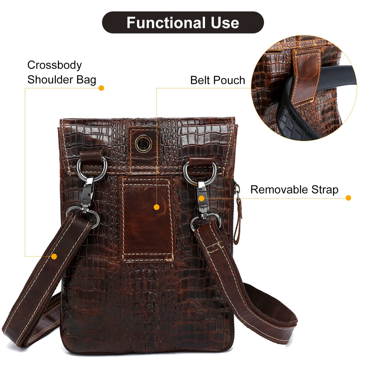 Brown Crocodile Embossed Genuine Leather Mini Messenger Bag R614