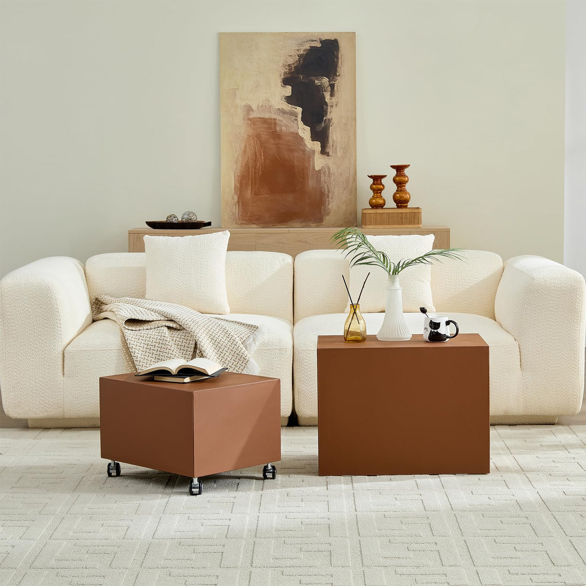 Brown Rolling Leather Coffee Table Set of 2 E41759