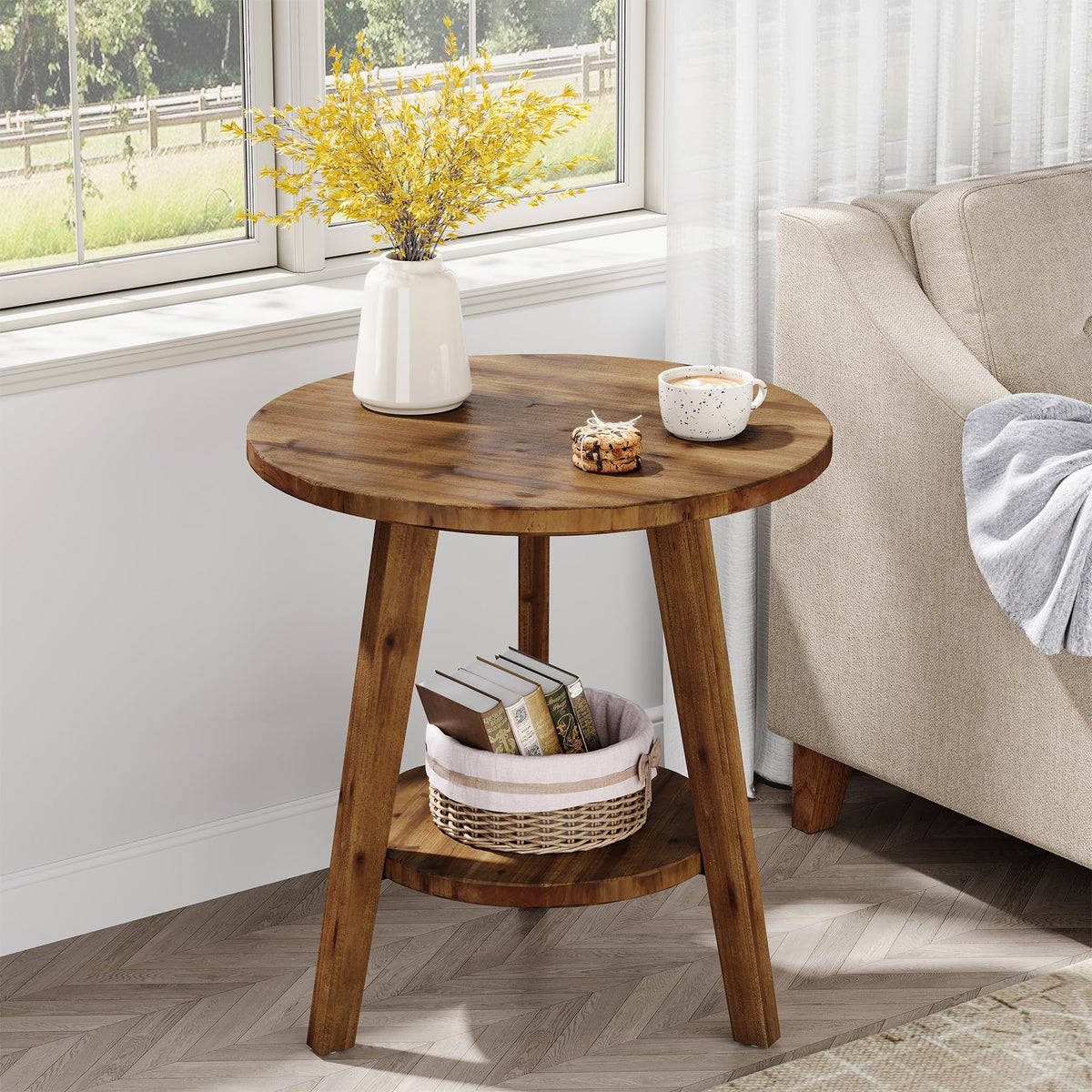 Solid Wood Round End Table with Storage Shelf A32356