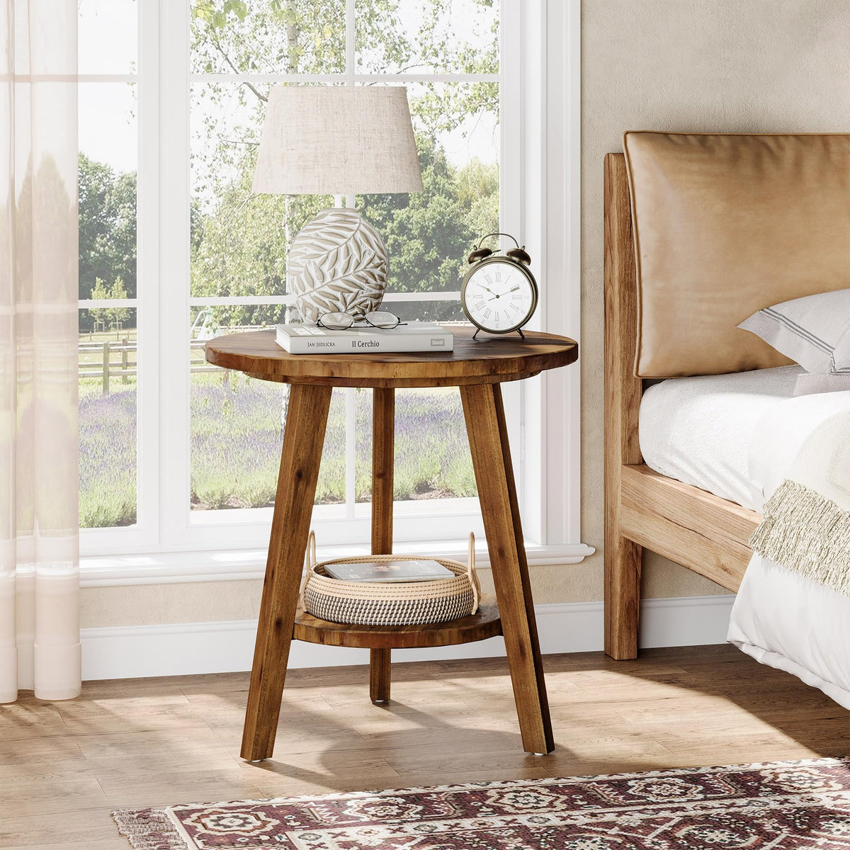 Solid Wood Round End Table with Storage Shelf A32356