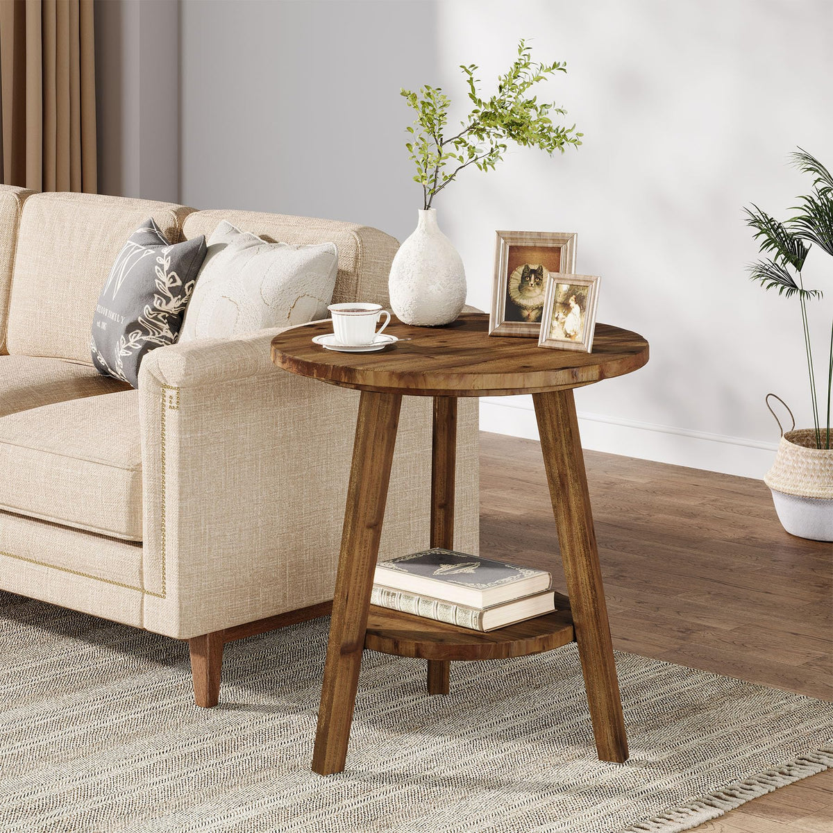 Solid Wood Round End Table with Storage Shelf A32356