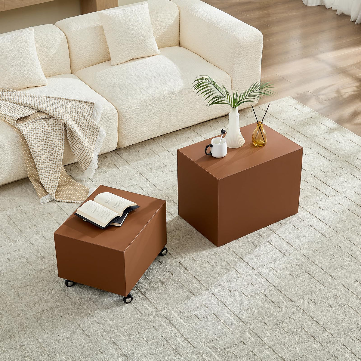 Brown Rolling Leather Coffee Table Set of 2 E41759